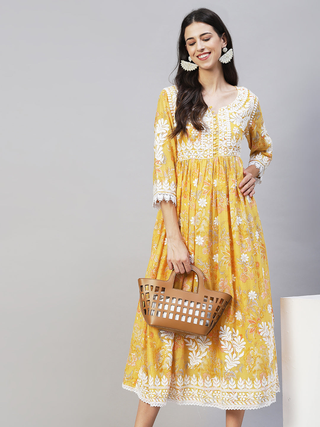 Floral Printed & Chikankari Embroidered Flared Maxi Dress - Yellow