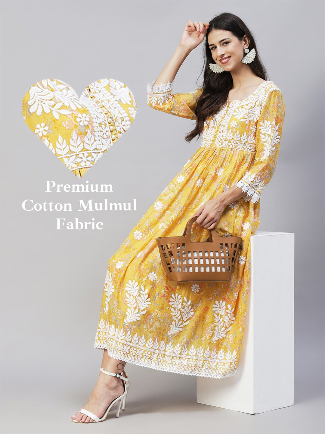 Floral Printed & Chikankari Embroidered Flared Maxi Dress - Yellow