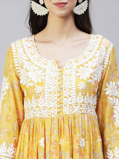 Floral Printed & Chikankari Embroidered Flared Maxi Dress - Yellow