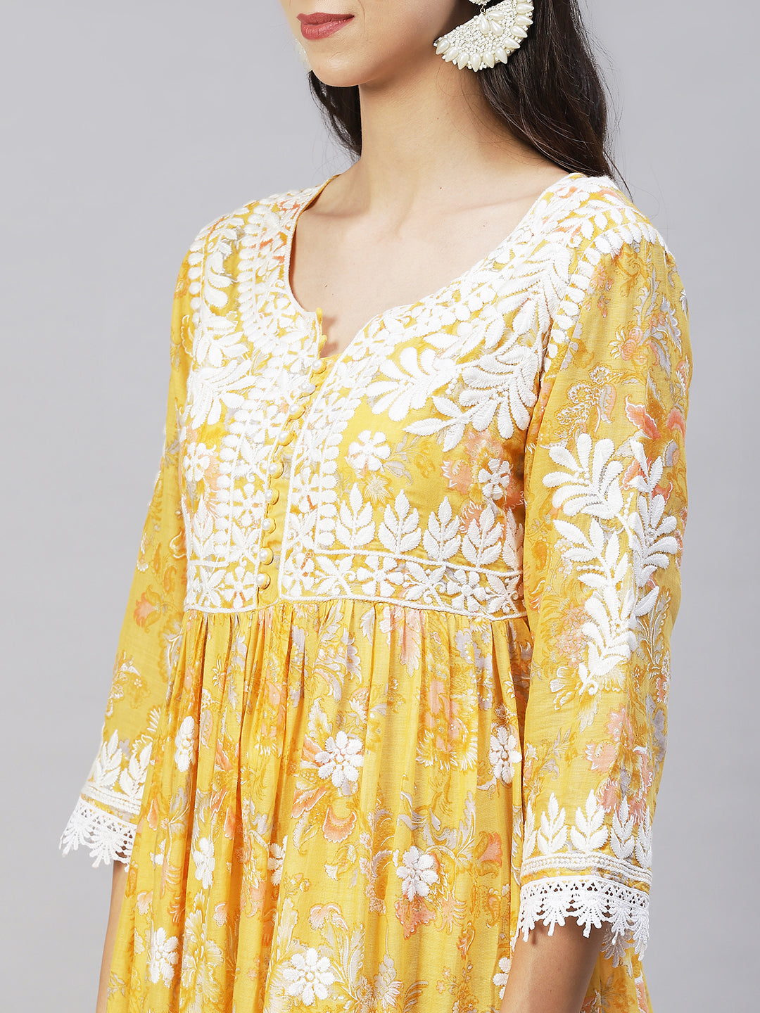 Floral Printed & Chikankari Embroidered Flared Maxi Dress - Yellow