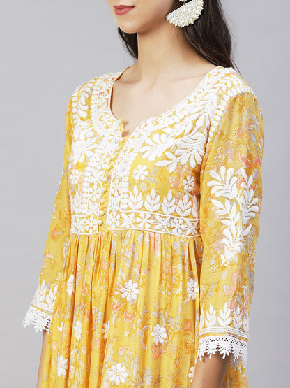 Floral Printed & Chikankari Embroidered Flared Maxi Dress - Yellow