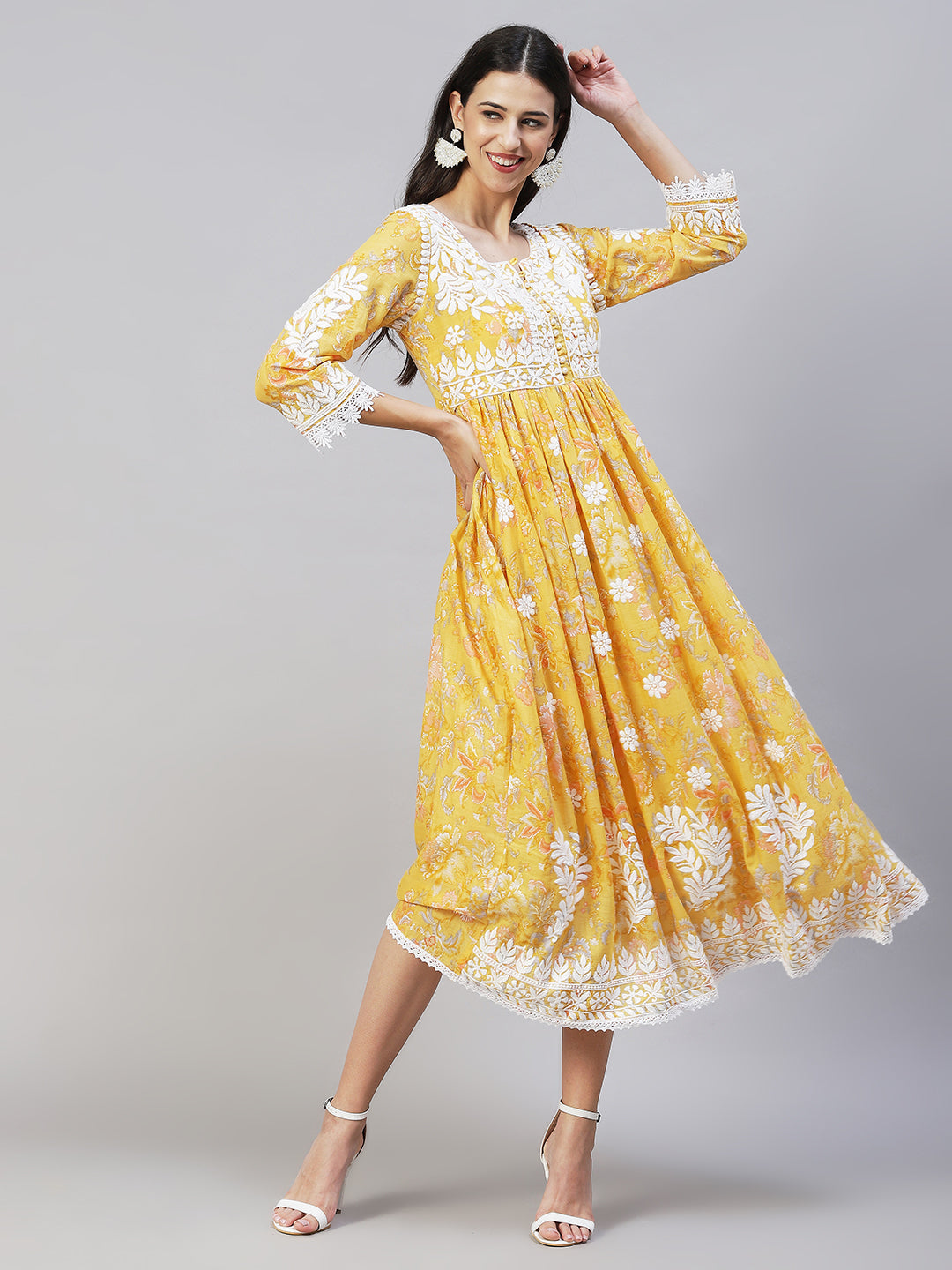 Floral Printed & Chikankari Embroidered Flared Maxi Dress - Yellow