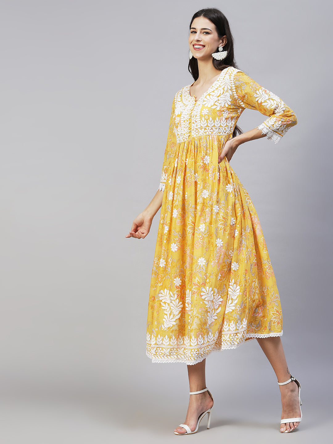 Floral Printed & Chikankari Embroidered Flared Maxi Dress - Yellow