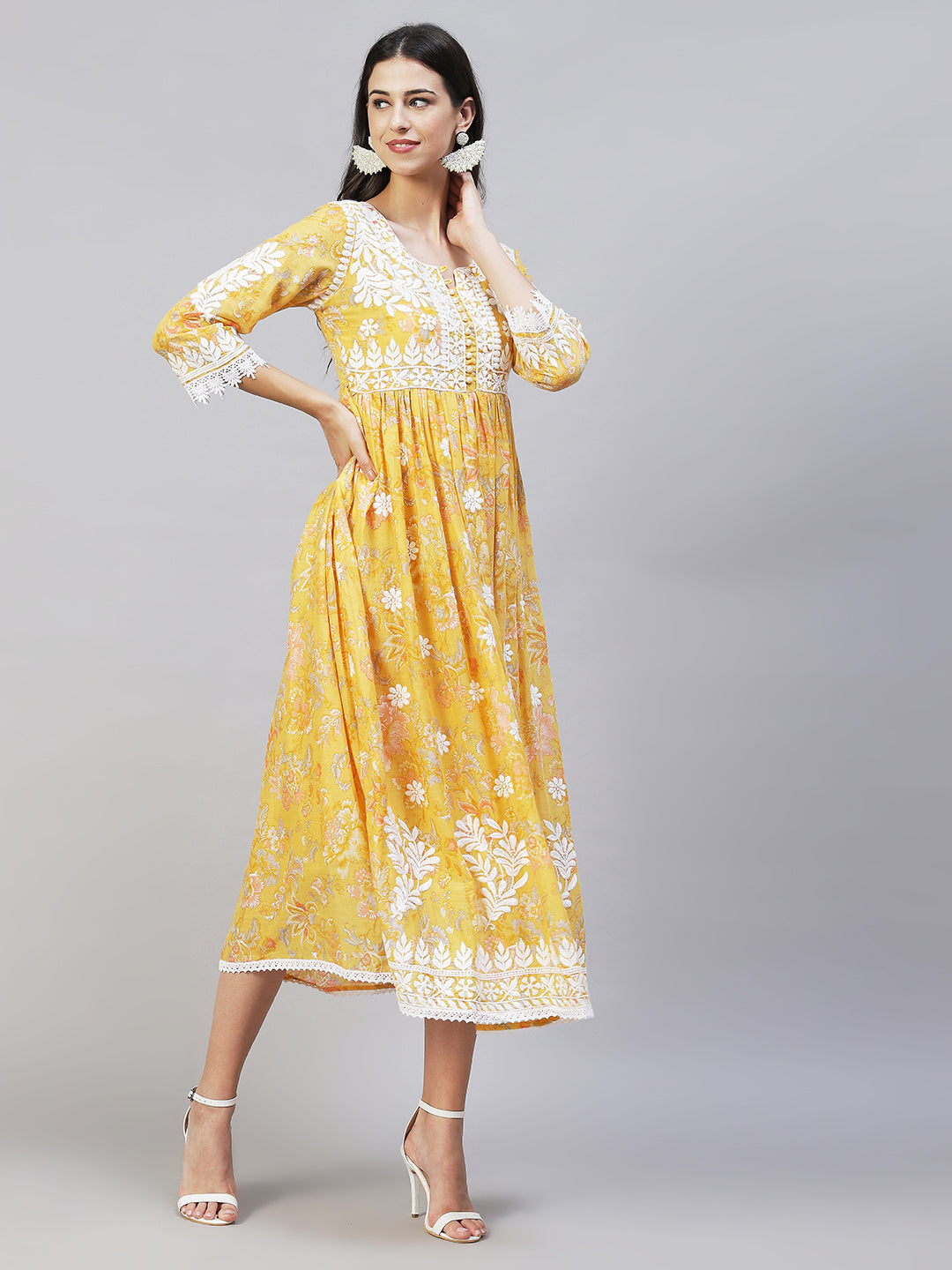 Floral Printed & Chikankari Embroidered Flared Maxi Dress - Yellow