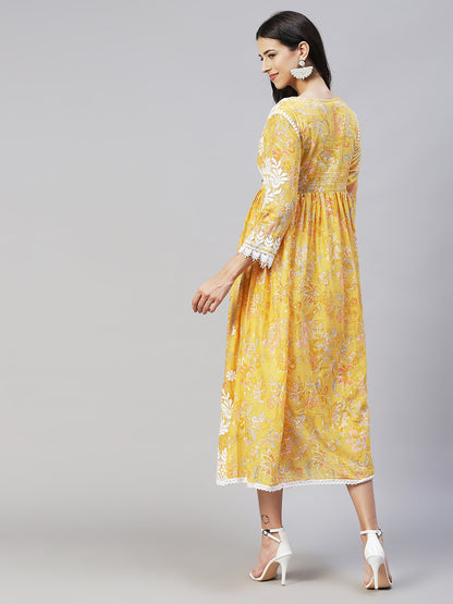 Floral Printed & Chikankari Embroidered Flared Maxi Dress - Yellow