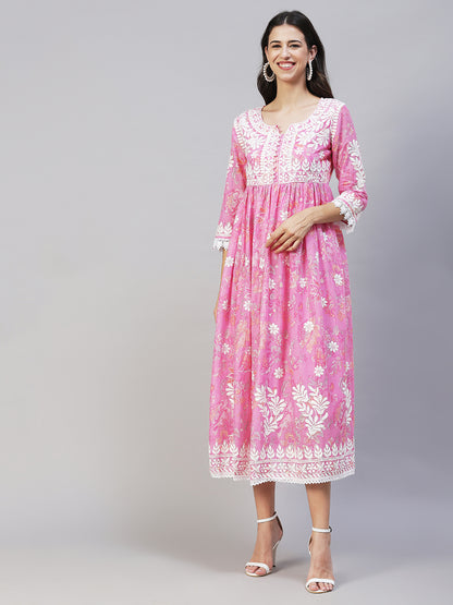 Floral Printed & Chikankari Embroidered Flared Maxi Dress - Pink