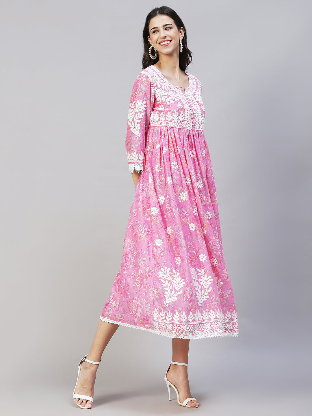 Floral Printed & Chikankari Embroidered Flared Maxi Dress - Pink