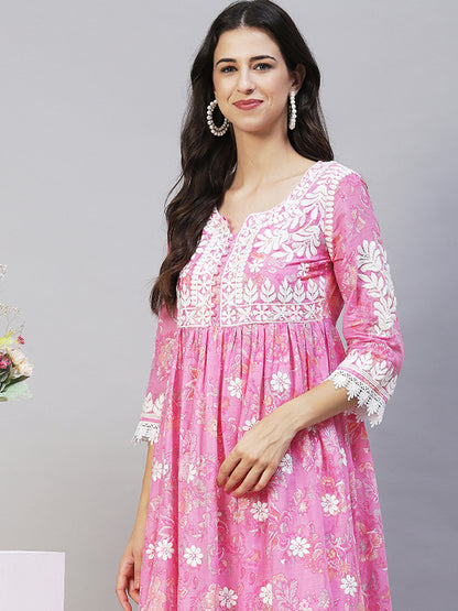 Floral Printed & Chikankari Embroidered Flared Maxi Dress - Pink