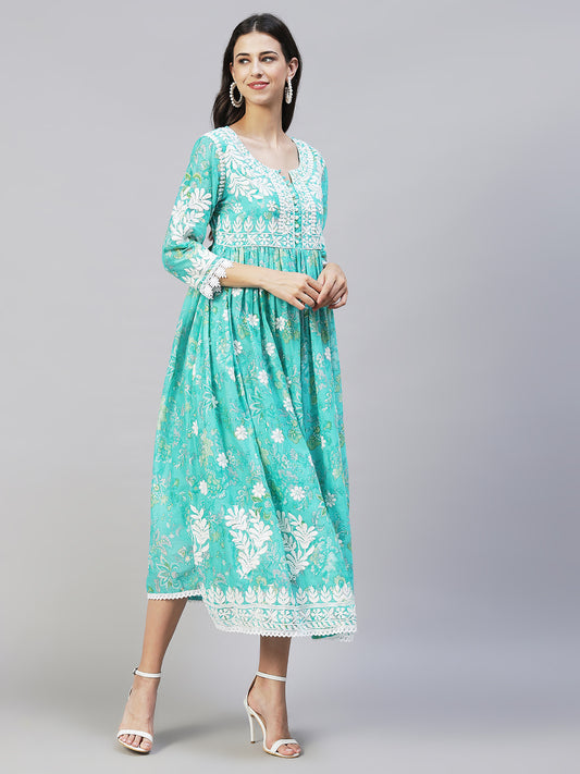 Floral Printed & Chikankari Embroidered Flared Maxi Dress - Turquoise