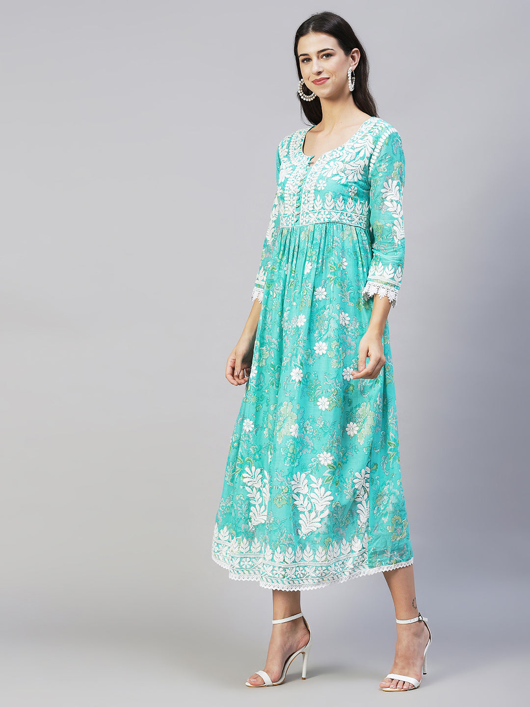 Floral Printed & Chikankari Embroidered Flared Maxi Dress - Turquoise