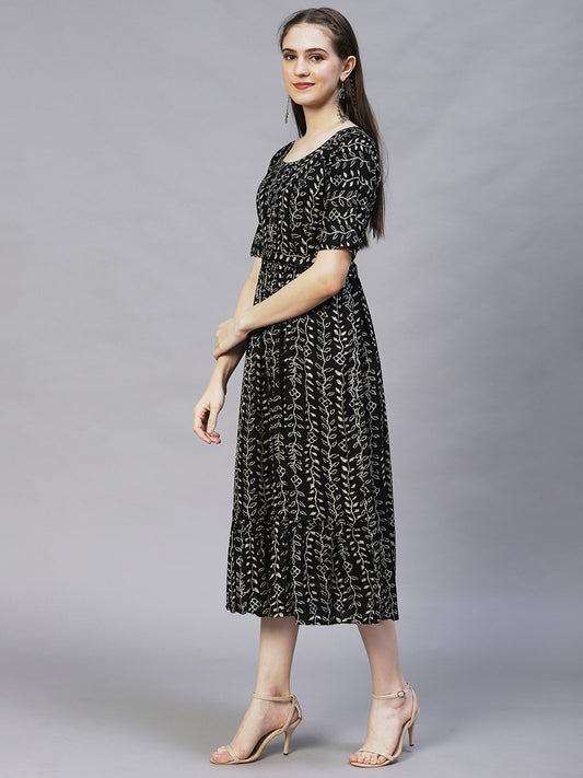 Ethnic Printed & Embroidered A-Line Midi Dress - Black