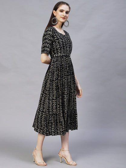 Ethnic Printed & Embroidered A-Line Midi Dress - Black