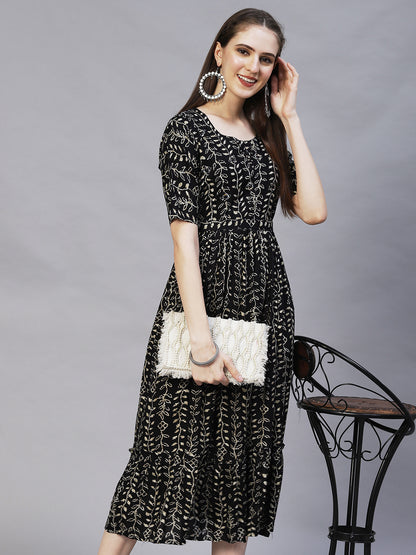 Ethnic Printed & Embroidered A-Line Midi Dress - Black