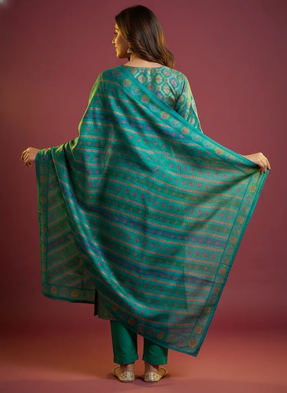 Floral Printed Embroidered Jacquard Kurta with Pant & Dupatta - Teal Blue