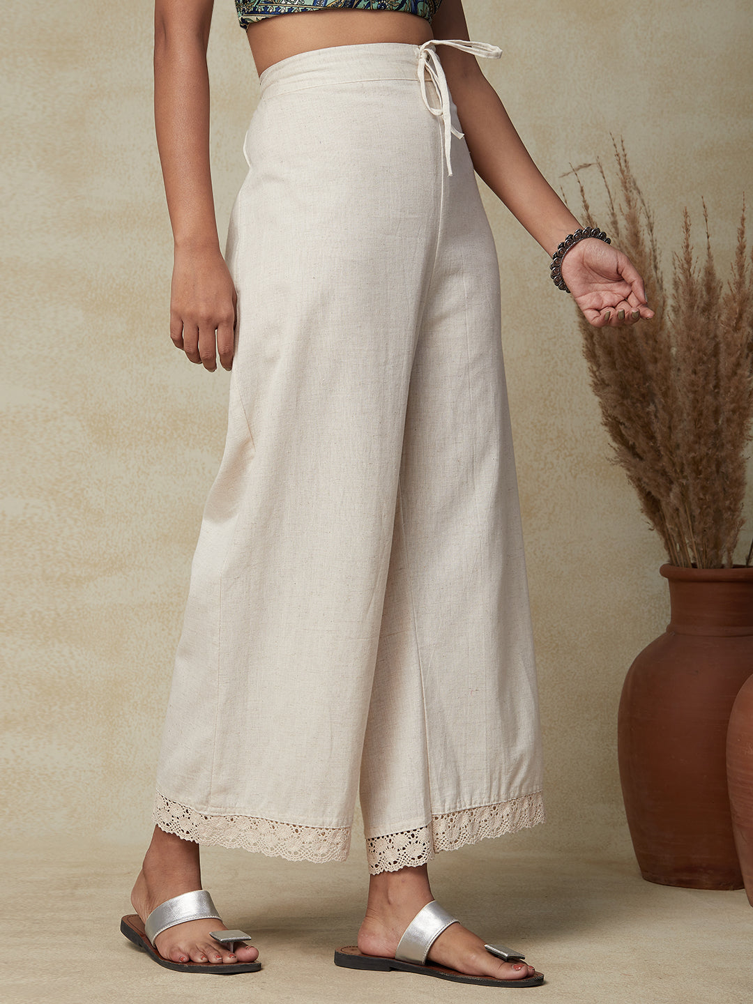 Solid Schiffli Lace Detailed Straight Fit Palazzo - Cream