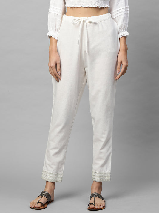 Silver Zari Embroidered Cotton Ankle Pant - White