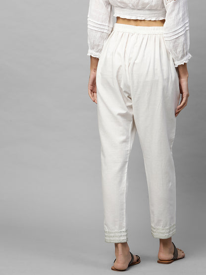 Silver Zari Embroidered Cotton Ankle Pant - White