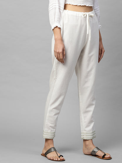 Silver Zari Embroidered Cotton Ankle Pant - White