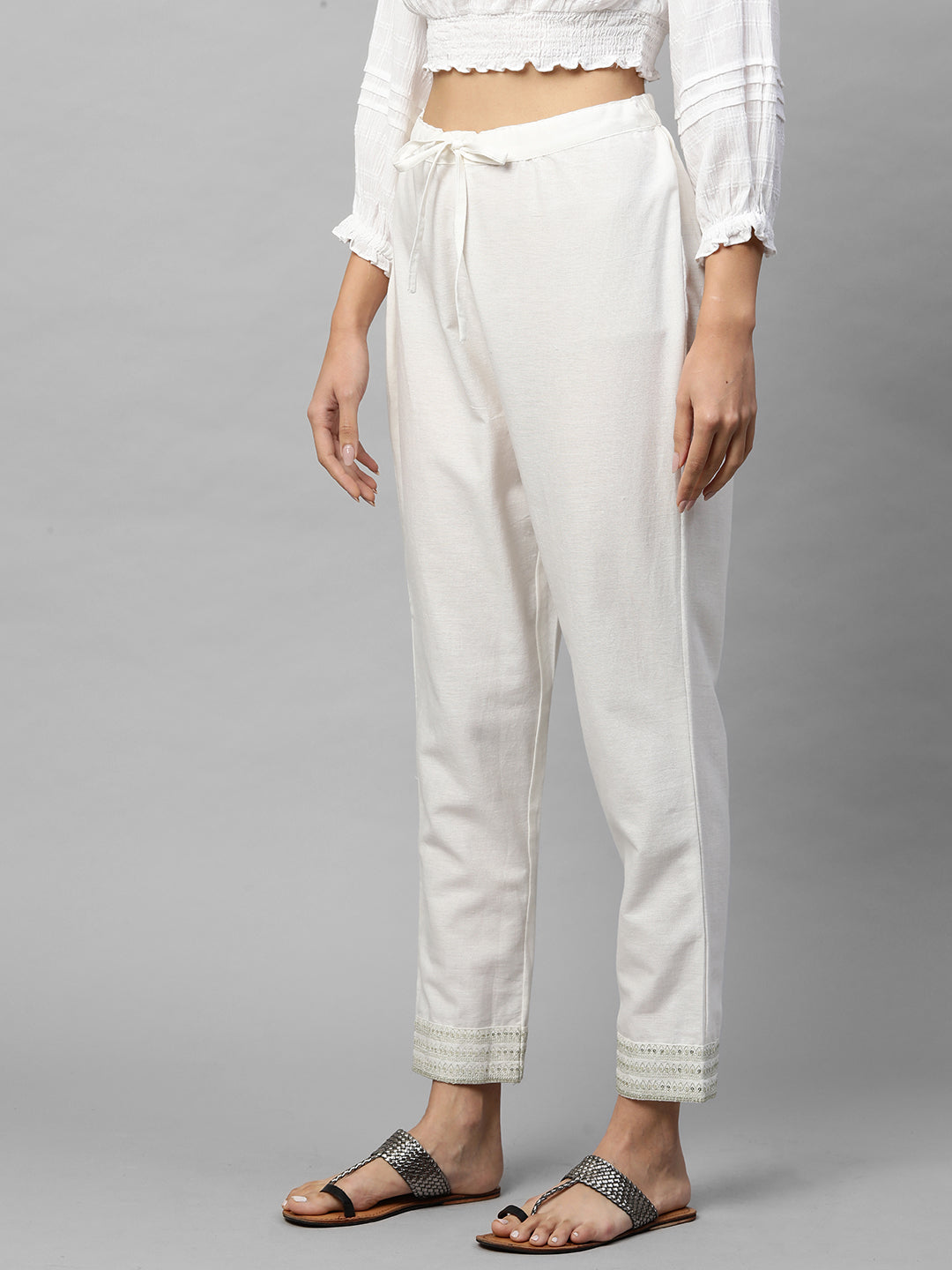 Silver Zari Embroidered Cotton Ankle Pant - White