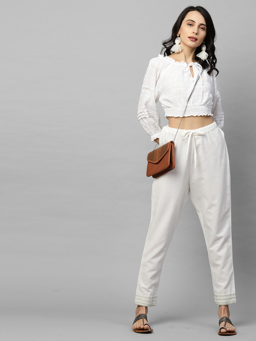 Silver Zari Embroidered Cotton Ankle Pant - White