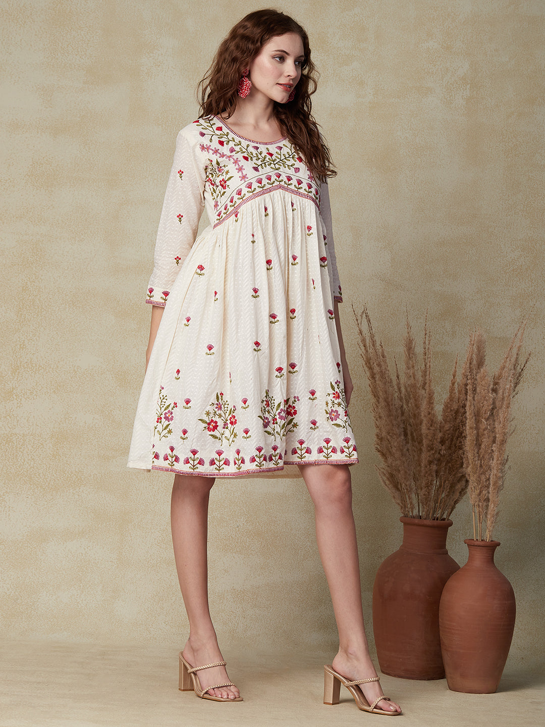 Woven Dobby Design Resham Floral Embroidered Dress - Off White