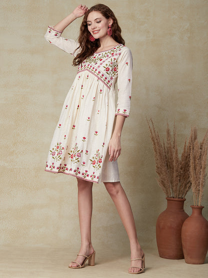 Woven Dobby Design Resham Floral Embroidered Dress - Off White