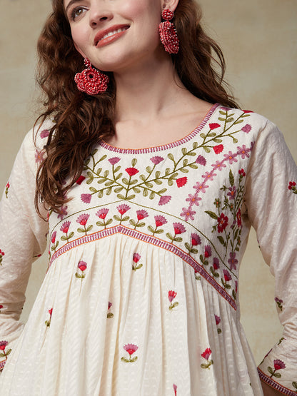 Woven Dobby Design Resham Floral Embroidered Dress - Off White