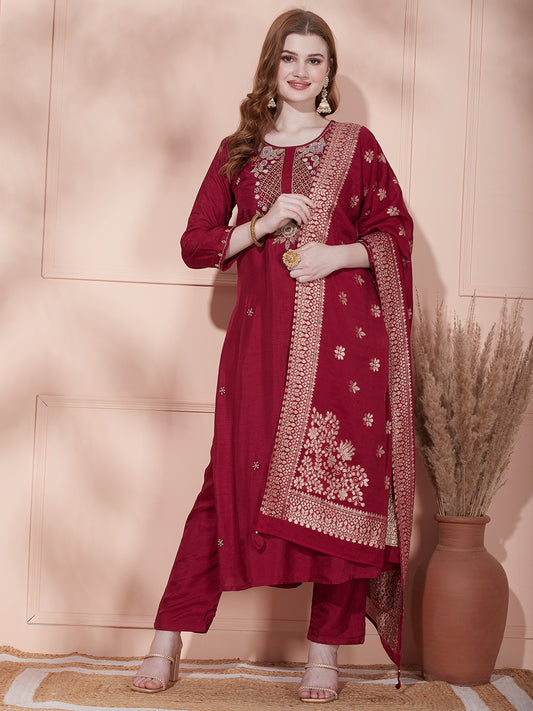 Solid Floral Hand Embroidered Straight Fit Kurta With Pant & Dupatta - Maroon