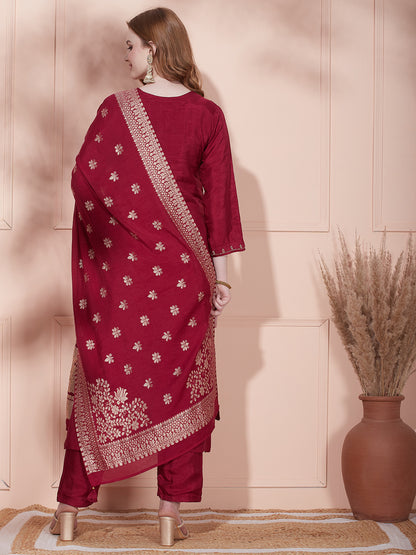 Solid Floral Hand Embroidered Straight Fit Kurta With Pant & Dupatta - Maroon