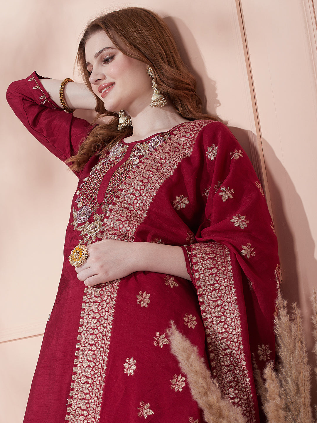 Solid Floral Hand Embroidered Straight Fit Kurta With Pant & Dupatta - Maroon