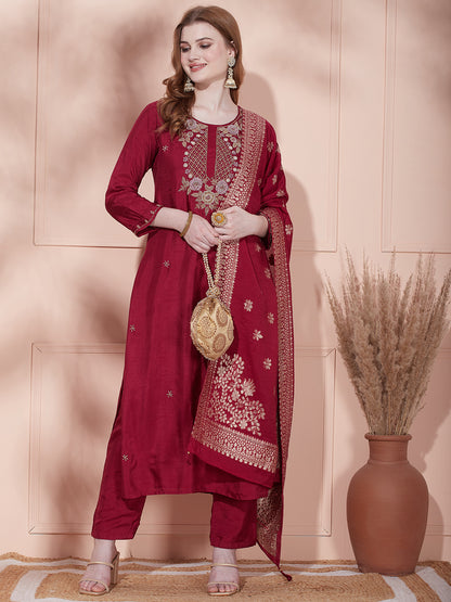 Solid Floral Hand Embroidered Straight Fit Kurta With Pant & Dupatta - Maroon