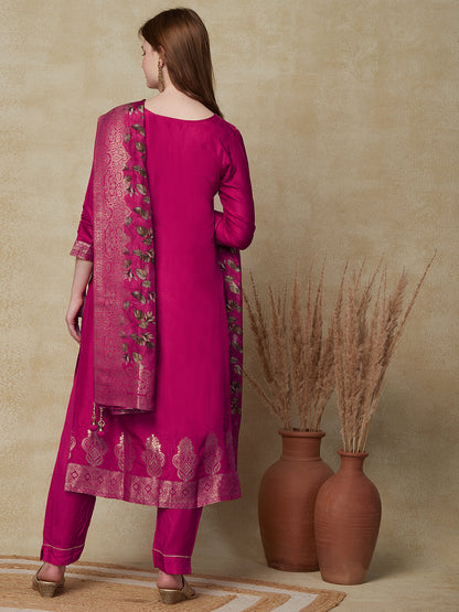 Zari Jacquard Design Kurta With Pant & Dupatta - Pink