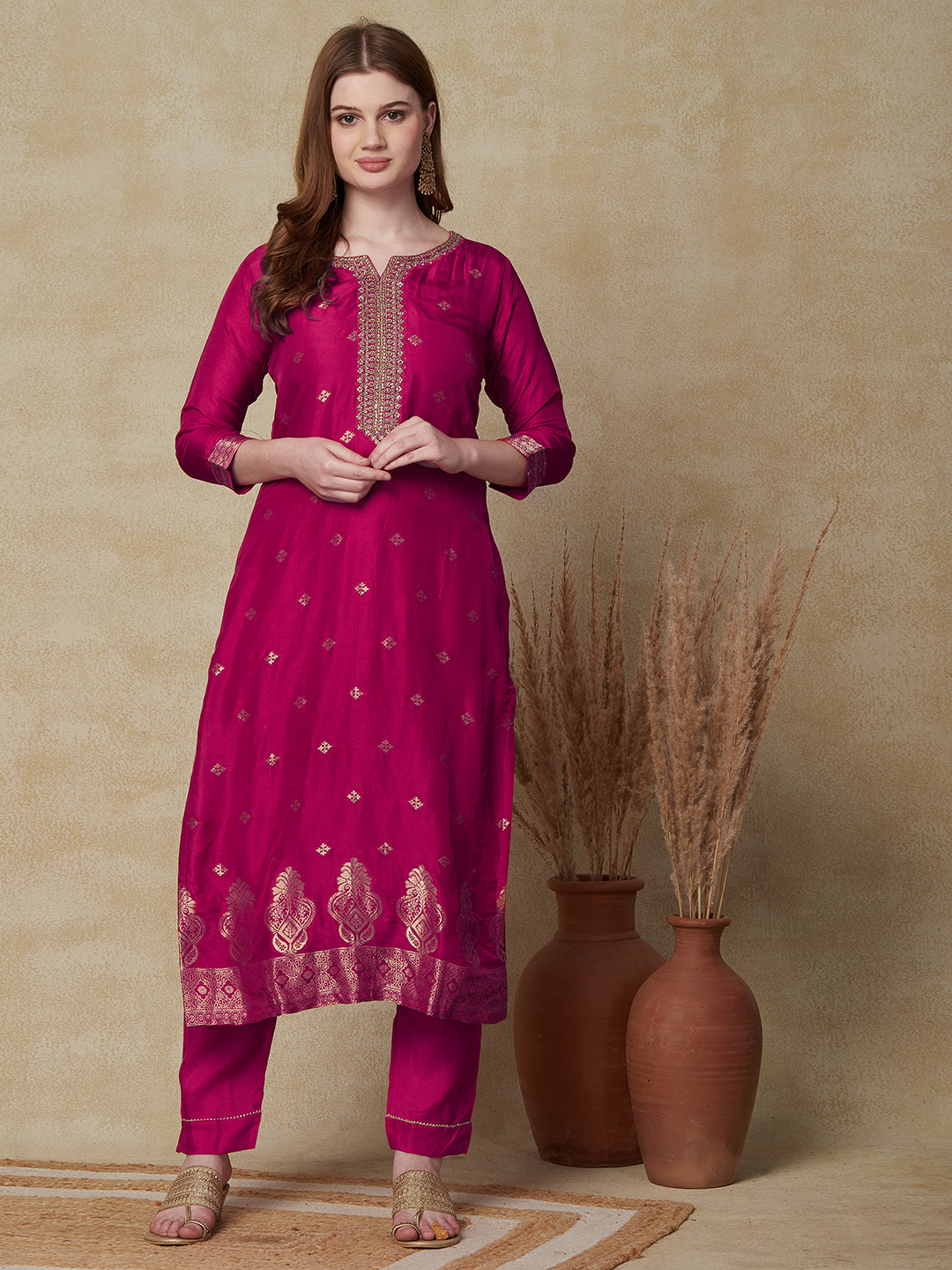 Zari Jacquard Design Kurta With Pant & Dupatta - Pink