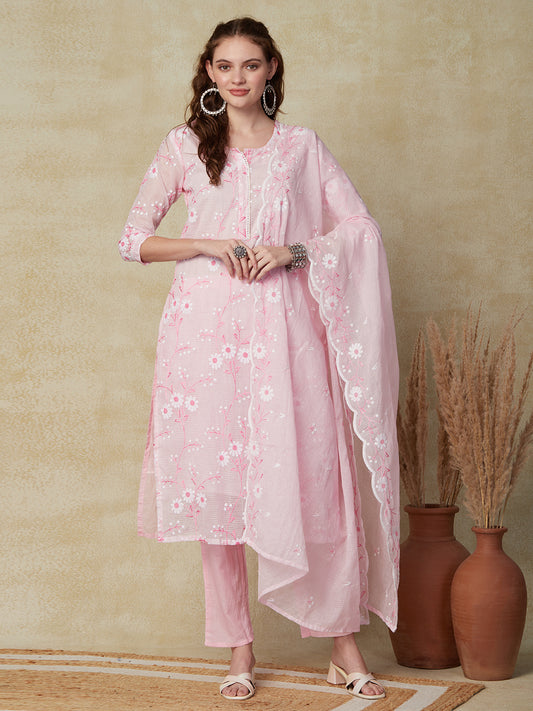 Solid Resham Embroidered Kurta with Pants & Embroidered Dupatta - Pink