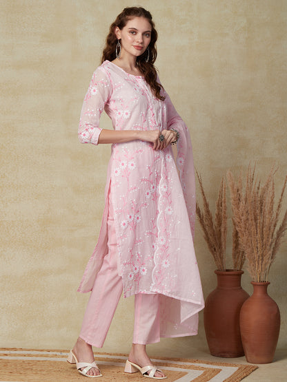 Solid Resham Embroidered Kurta with Pants & Embroidered Dupatta - Pink