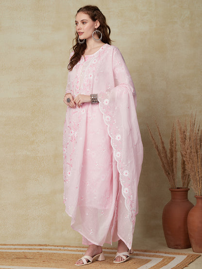 Solid Resham Embroidered Kurta with Pants & Embroidered Dupatta - Pink