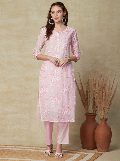 Solid Resham Embroidered Kurta with Pants & Embroidered Dupatta - Pink