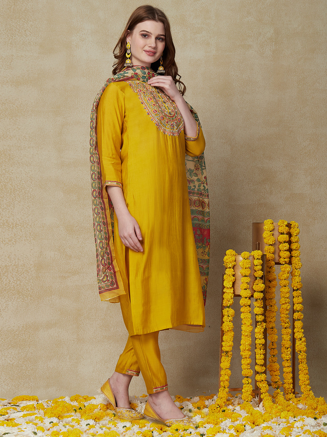 Solid Resham & Mirror Embroidered Kurta With Pants & Floral Dupatta - Yellow