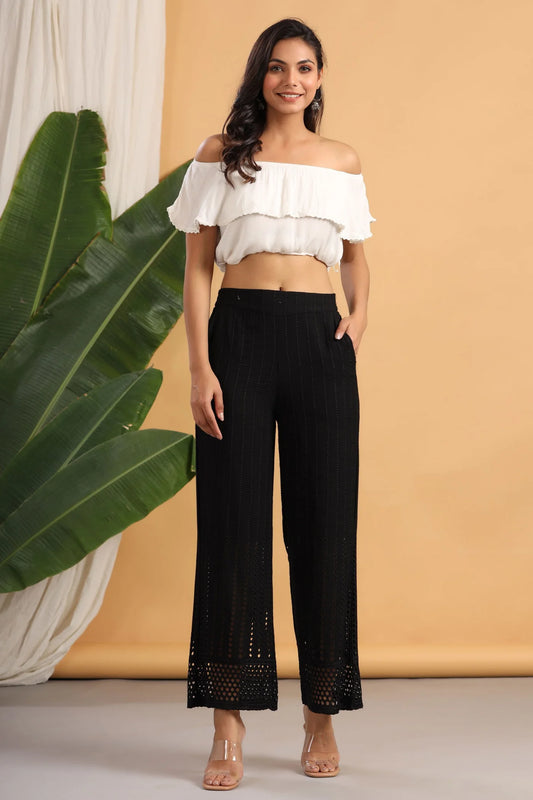 Black Solid Rayon Flared Ankle-Length Palazzo