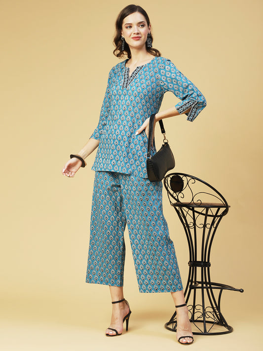 Ethnic Printed Lounge Wear Co-ord Set - Turquoise Blue