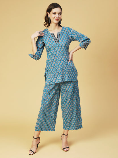 Ethnic Printed Lounge Wear Co-ord Set - Turquoise Blue