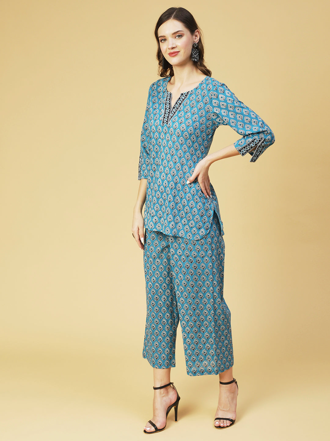 Ethnic Printed Lounge Wear Co-ord Set - Turquoise Blue