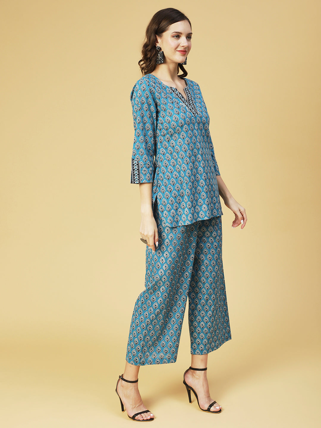 Ethnic Printed Lounge Wear Co-ord Set - Turquoise Blue