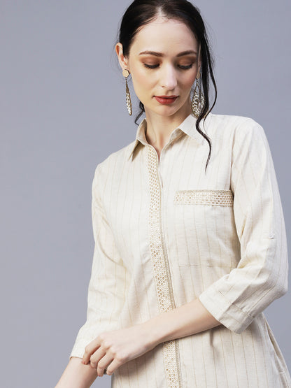 Woven Striped Sequins & Resham Embroidered Lace Ornamented Shirt With Pants - Off-White