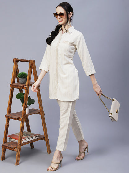 Woven Striped Sequins & Resham Embroidered Lace Ornamented Shirt With Pants - Off-White