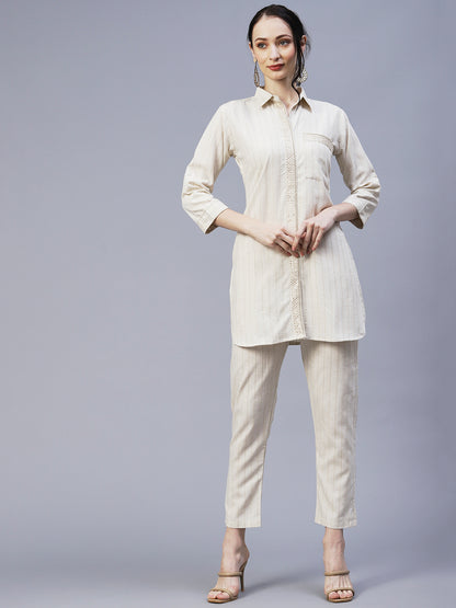 Woven Striped Sequins & Resham Embroidered Lace Ornamented Shirt With Pants - Off-White