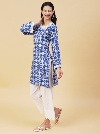 Ethnic Checks Printed Straight Fit Kurta with Pant - Blue