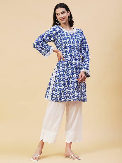 Ethnic Checks Printed Straight Fit Kurta with Pant - Blue