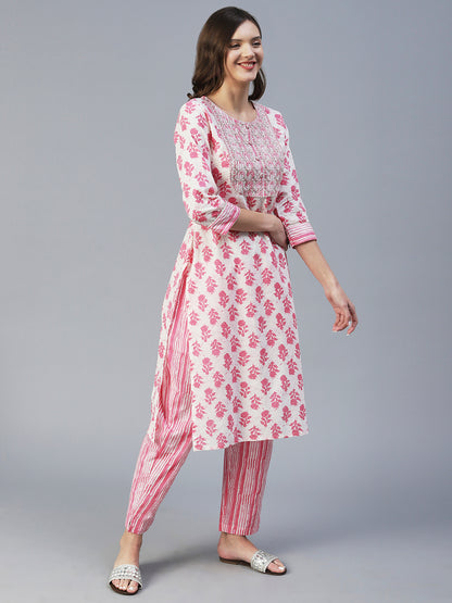 Floral Printed Mirror & Zari Embroidered Kurta With Striped Pants - Pink