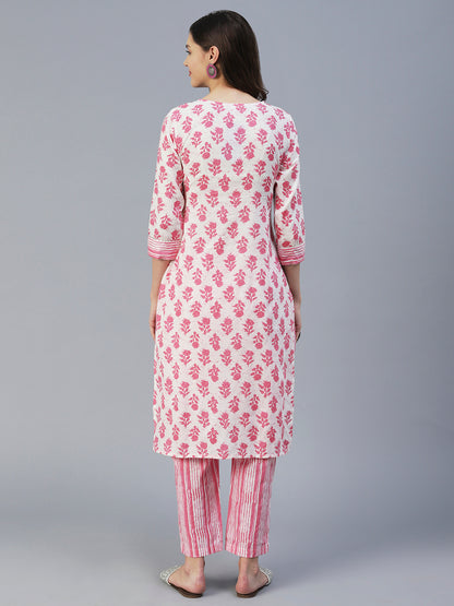 Floral Printed Mirror & Zari Embroidered Kurta With Striped Pants - Pink